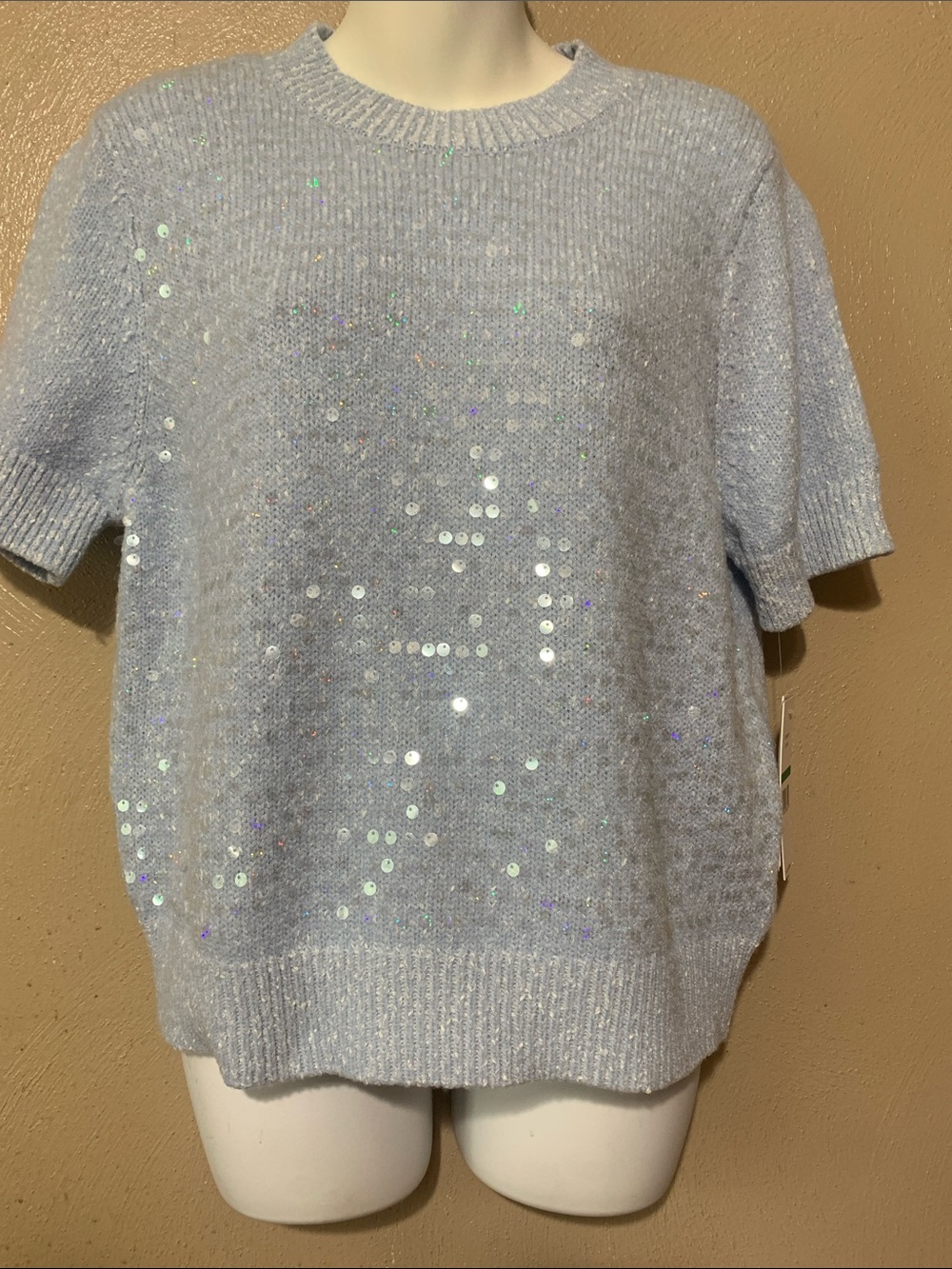 Nanette Lepore size L Light Blue Sequin Short Sleeve Sweater NWT